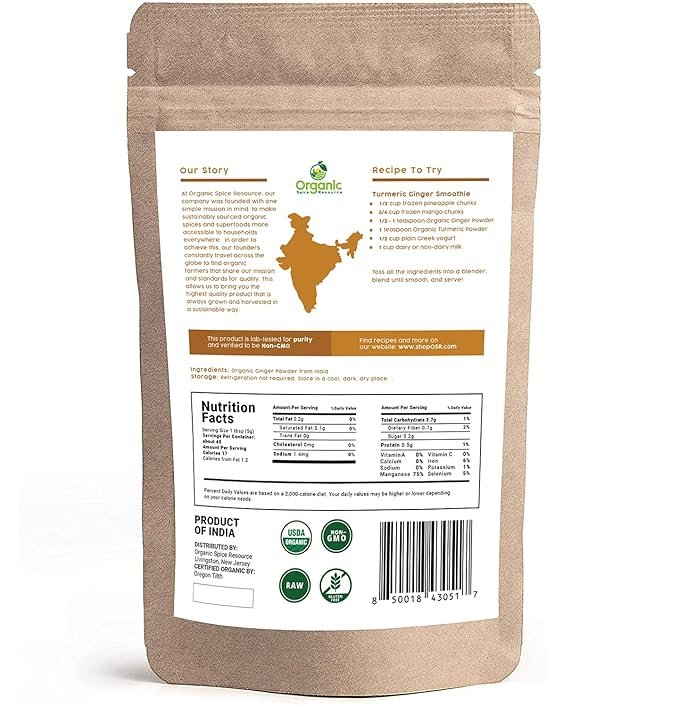 2 Organic Ginger Powder | 8 oz (226g) | USDA Organics and Non-GMO Verified Project Approved | Product of India | 100% Raw and Natural | Resealable Kraft Bag by SHOPOSR