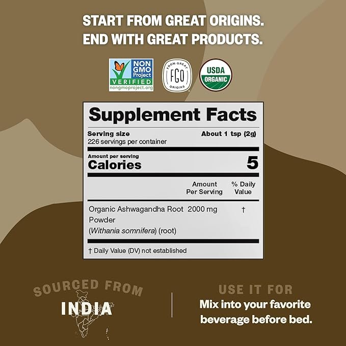 7 FGO Organic Ashwagandha Root Powder, Sourced from India, 16oz, Packaging May Vary (Pack of 1)