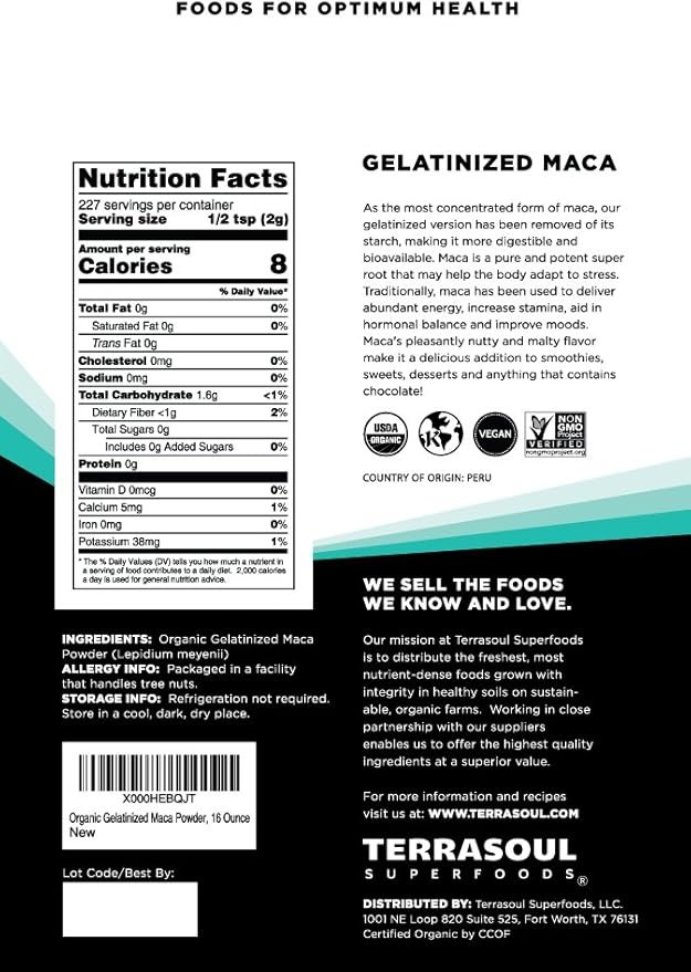 1 Terrasoul Superfoods Organic Gelatinized Maca Powder, 16 Oz, Hormone Balance, Energy Boost, and Superfood Smoothies with Peruvian Maca Root, Gelatinized for Easy Digestion