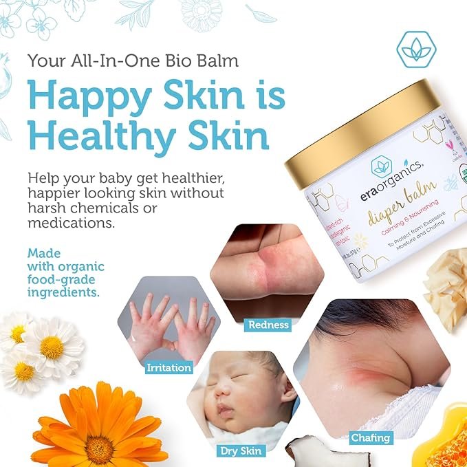 2 Era Organics Baby Diaper Balm - Extra Soothing and Nourishing USDA Organic Diaper Cream for Dry, Sensitive Skin. All Natural Baby Balm to Help Excess Moisture, Rash and Chafing Baby Ointment