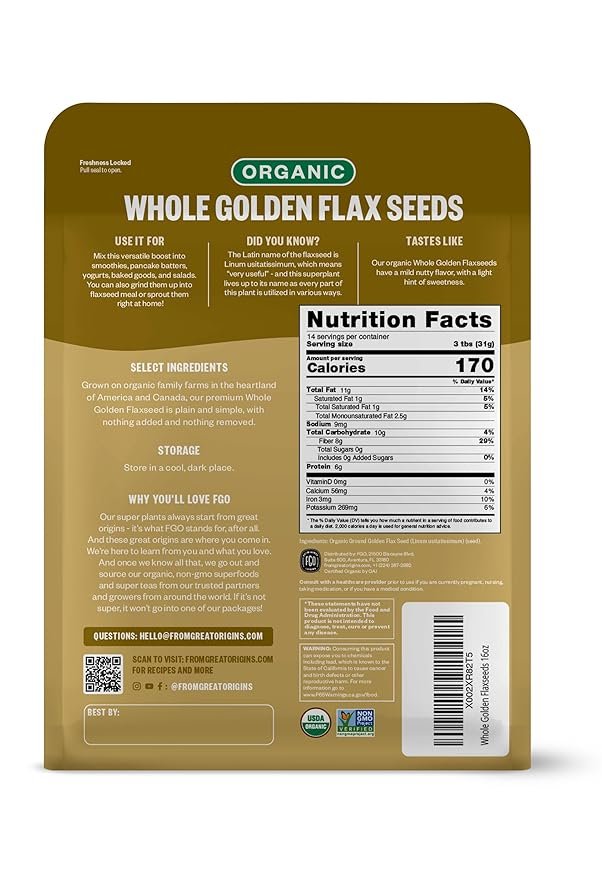 1 Organic Whole Golden Flax Seeds | Sproutable | Grown in USA | 16 oz Resealable Bag (1lb) | by FGO