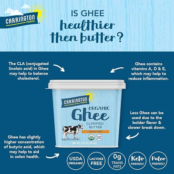 2 Carrington Farms USDA Certified Organic Grass Fed, Compare Our Cost Per Ounce, Ghee, 12 Fl Oz