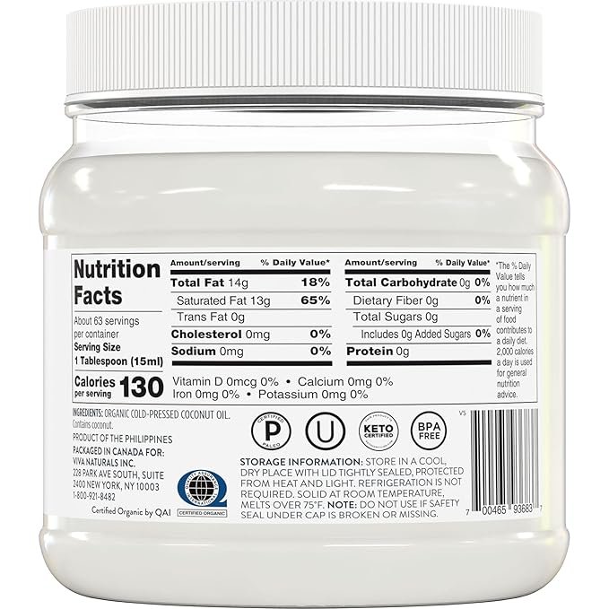 6 Viva Naturals Organic Coconut Oil - Unrefined and Cold-Pressed, Natural Hair Oil, Skin Oil and Cooking Oil with Fresh Flavor, Non-GMO Extra Virgin Coconut Oil (Aceite de Coco), USDA Organic, 32 oz