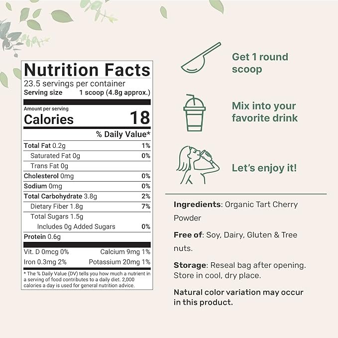 1 Organic Tart Cherry Powder, 4oz | 100% Natural Fruit Powder | US Grown Tart Cherries Source | No Sugar & Additives | Great Flavor for Drinks, Smoothie, & Beverages | Non-GMO & Vegan Friendly