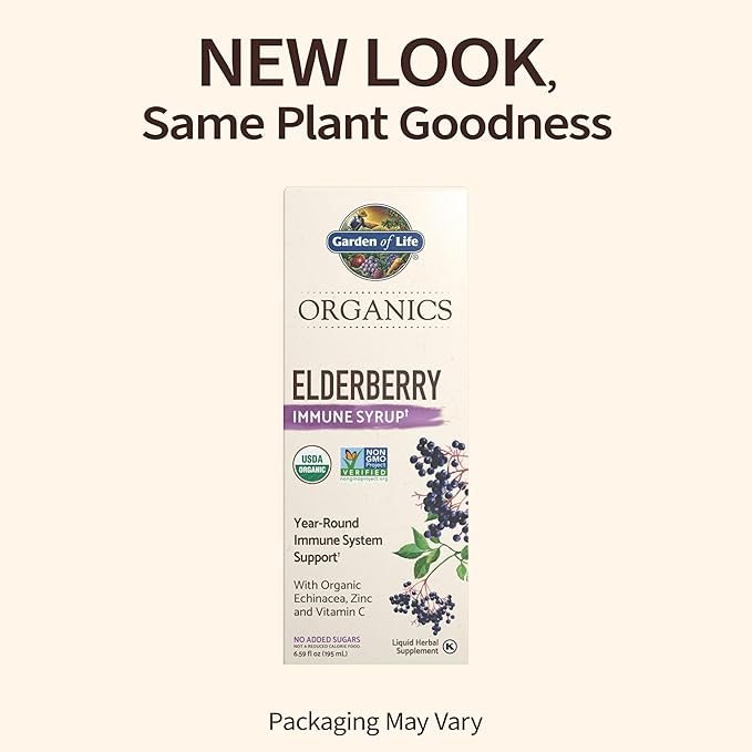 1 Garden of Life Organics Plant-Based Elderberry Immune Syrup 6.59 fl oz (195 Ml) for Kids & Adults: Sambucus, Echinacea, Zinc & Vitamin C, 0g Sugar, Organic Vegan Gluten Free Herbal Supplement
