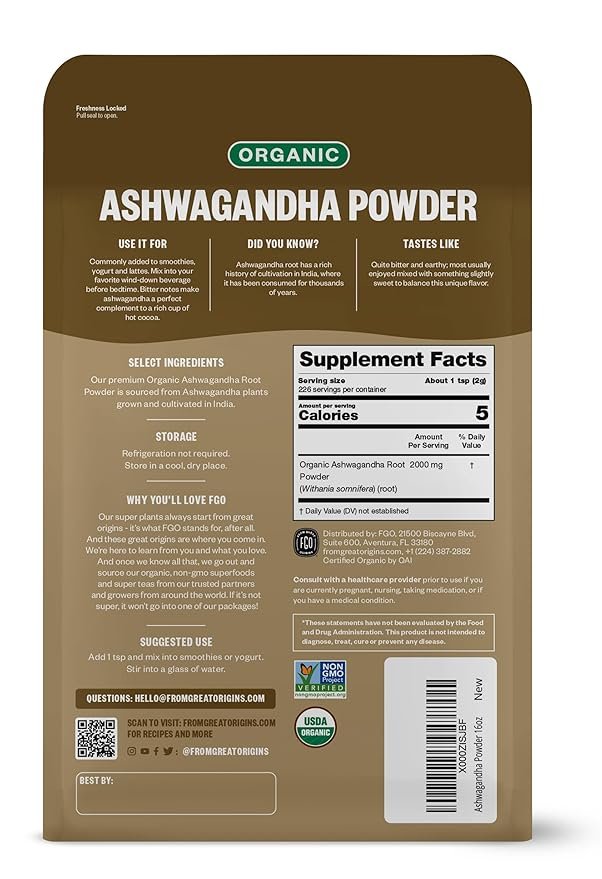 5 FGO Organic Ashwagandha Root Powder, Sourced from India, 16oz, Packaging May Vary (Pack of 1)