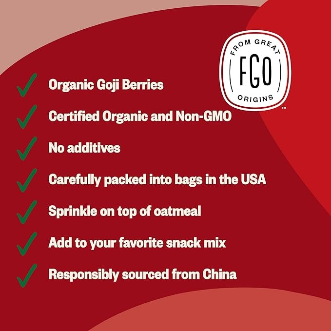 2 FGO Organic Goji Berries, Large & Chewy, from Ningxia, 16oz, Packaging May Vary (Pack of 1)