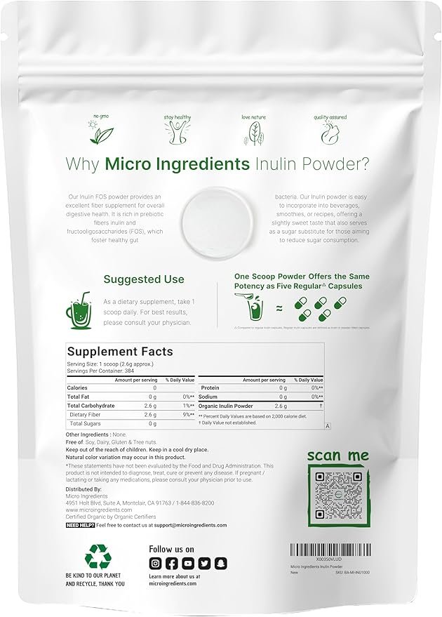1 Organic Inulin FOS Powder (Jerusalem Artichoke), 2.2 Pounds (35 Ounce), Quick Water Soluble, Prebiotic Intestinal Support for Colon and Gut Health, Natural Fibers for Smoothie & Drinks, Vegan Friendly
