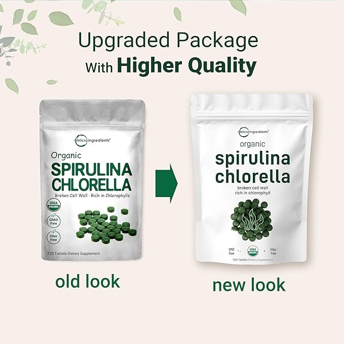 2 Organic Chlorella Spirulina Tablets, 3000mg Per Serving, 720 Counts, 4 Months Supply, 50/50 Blend Superfood, No Filler, No Additives, Cracked Cell Wall, Rich in Vegan Protein & Chlorophyll