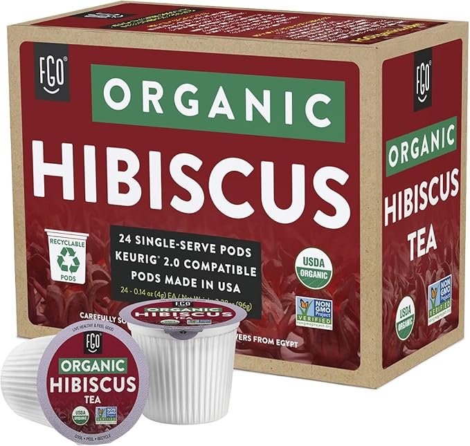 4 Organic Hibiscus Herbal Tea K-Cup Pods, 24 Pods by FGO - Keurig Compatible - Naturally Caffeine-Free Tea, Premium Green Tea is USDA Organic, Non-GMO, & Recyclable