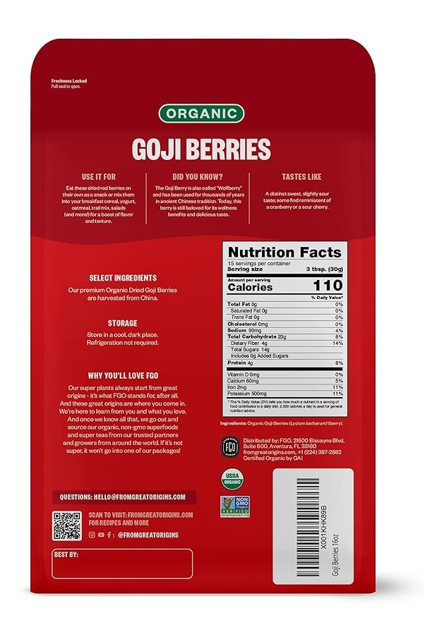 1 FGO Organic Goji Berries, Large & Chewy, from Ningxia, 16oz, Packaging May Vary (Pack of 1)