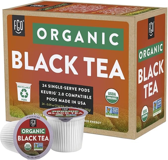 4 Organic Black Tea K-Cup Pods, 24 Pods by FGO - Keurig Compatible - Naturally Occurring Caffeine, Premium Black Tea is USDA Organic, Non-GMO, & Recyclable