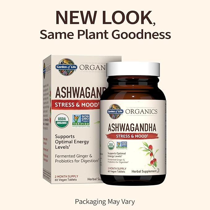 1 Garden of Life Organics Ashwagandha Stress, Mood & Energy Support Supplement with Probiotics & Ginger Root for Digestion - Vegan, Gluten Free, Non GMO – 2 Month Supply, 60 Tablets