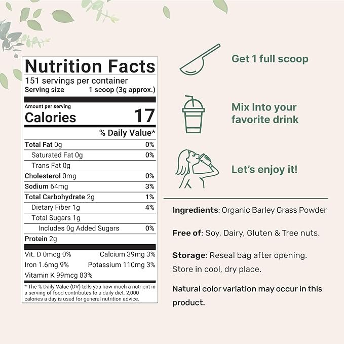 1 Organic Barley Grass Powder, 16 Ounces | US Grown | Rich in Vitamins, Minerals, Fibers, & Antioxidants | Superfood Greens Mix for Immune Health and Digestion Support | Non-GMO