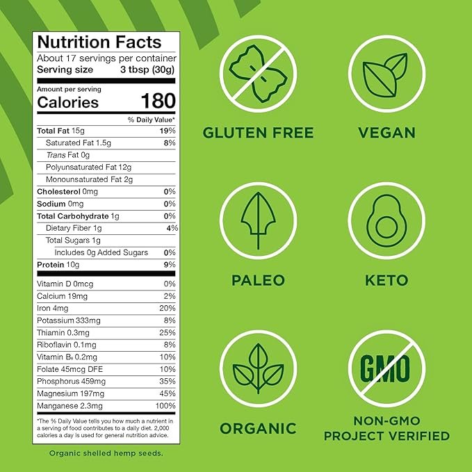 4 Organic Hemp Seeds, 18oz; 10g Plant Based Protein and 12g Omega 3 & 6 per Srv | smoothies, yogurt & salad | Non-GMO, Vegan, Keto, Paleo, Gluten Free| Manitoba Harvest