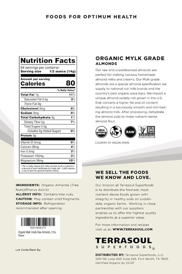 1 Terrasoul Superfoods Raw Unpasteurized Organic Almonds (Mylk Grade), 2 Pounds