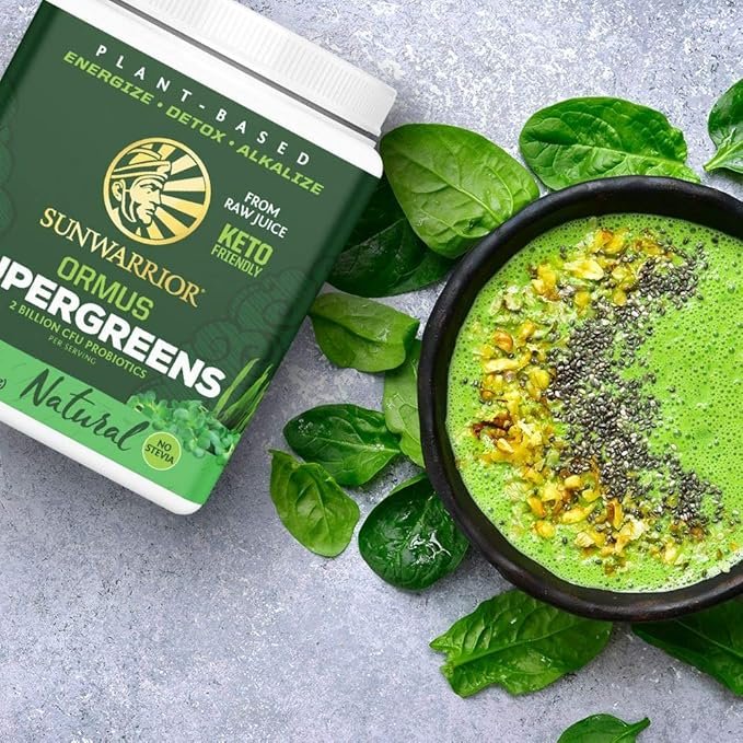5 Sunwarrior Vegan Organic Greens Probiotic Powder | 2 Billion CFU Probiotics Organic Raw Juice Soy Free Gluten Free Dairy Free Sugar Free Kosher | Natural 90 Servings | Ormus Supergreens