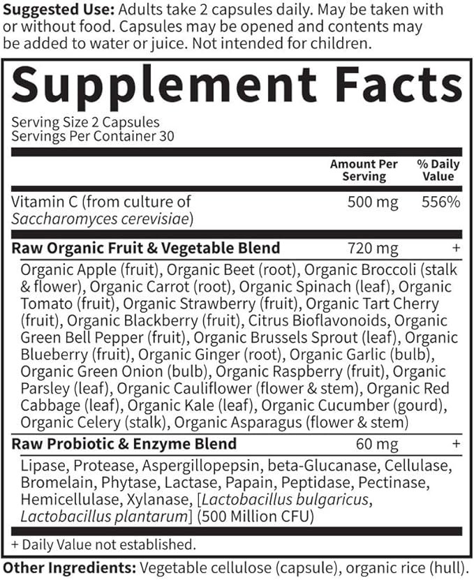 4 Garden of Life Vitamin Code Raw Vitamin C - 60 Capsules, 500mg Whole Food Vitamin C, Fruit & Veggie Blend, Probiotics, Vitamin C Capsules, C Vitamins Supplements for Adults, Vegan, Gluten Free