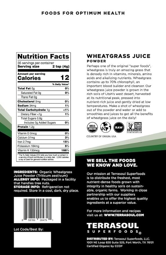 1 Terrasoul Superfoods Organic Wheat Grass Juice Powder, 5 Oz, Grown in Utah, Made from Nutrient Concentrated Juice, Revitalize with Green Nutrition: Smoothies, Detox Drinks, and Wellness Shots