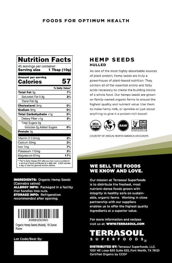1 Terrasoul Superfoods Organic Hemp Seeds, 16 Oz, Versatile Superfood for Smoothies, Salads, and Grain-Free Toppings