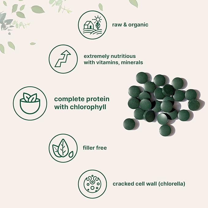 3 Organic Chlorella Spirulina Tablets, 3000mg Per Serving, 720 Counts, 4 Months Supply, 50/50 Blend Superfood, No Filler, No Additives, Cracked Cell Wall, Rich in Vegan Protein & Chlorophyll
