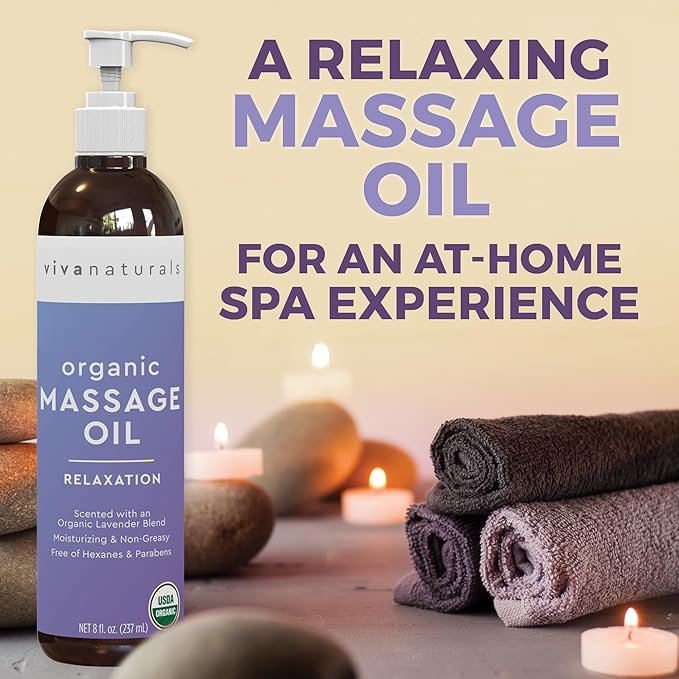 3 Viva Naturals Organic Massage Oil (8 fl. oz.) - Lavender Scented Relaxing Body Massage Oil for Massage Therapy - Perfect for Home Use & Professional Massages - Non-Greasy and Non-Sticky Formula