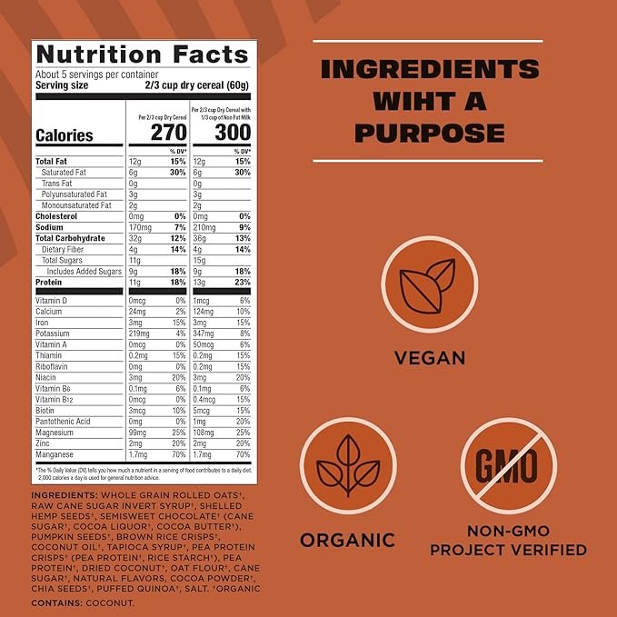 1 Manitoba Harvest Hemp Yeah! Granola, Dark Chocolate, 10oz, with 13 g of Protein, 3 g Omegas 3 & 6, 4 g of Fiber and less than 10 g Sugar Per Serving, Organic, Non-GMO, Packaging May Vary