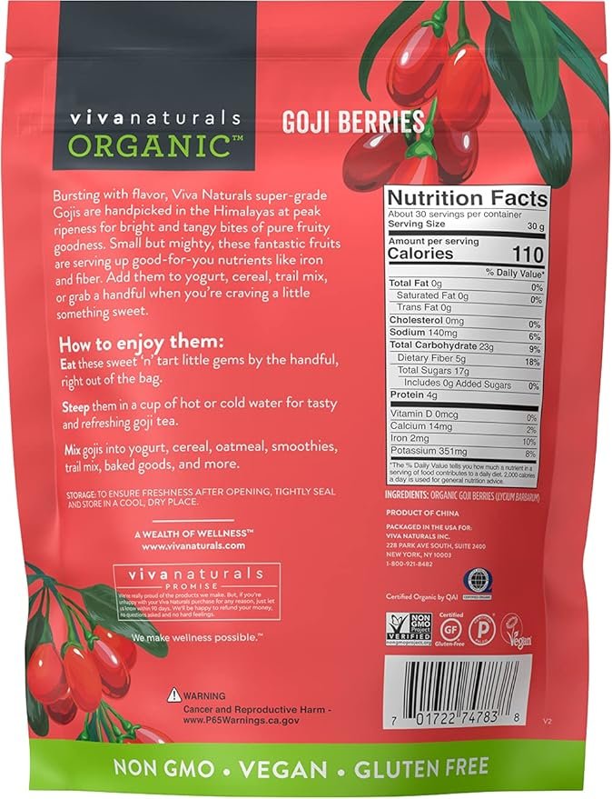 6 Viva Naturals Organic Dried Goji Berries, 16 oz (1 lb) Non-GMO and Vegan Wolfberries, Perfect for Baking, Smoothies, Teas and Snacks, Goji Berries Organic