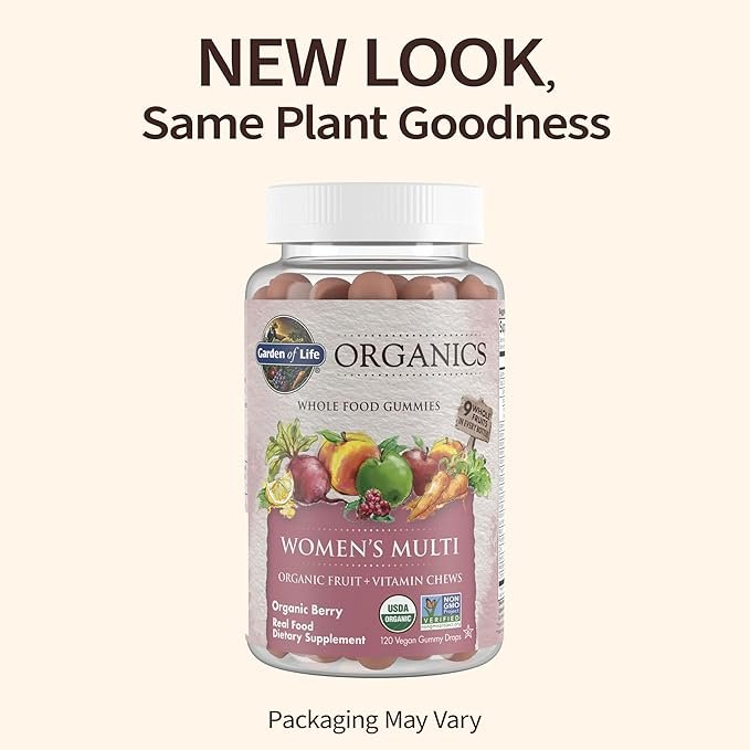 1 Garden of Life Organics Women's Gummy Vitamins - Berry - Certified Organic, Non-GMO, Vegan, Kosher Complete Multi - Methyl B12, C & D3 - Gluten, Soy & Dairy Free, 120 Real Fruit Gummies