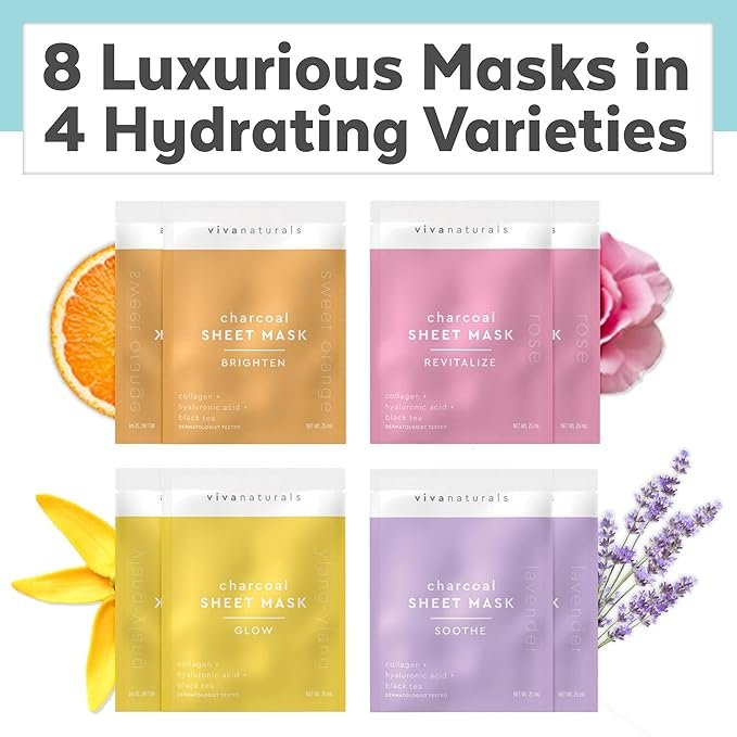 4 Viva Naturals Charcoal Face Mask Set (8 Pack) - Collagen & Hyaluronic Acid Face Mask for Skin Care - Moisturize and Brighten with 4 Varieties of Facial Sheet Mask
