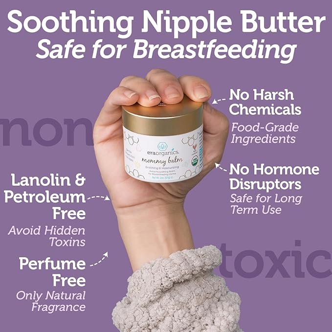 3 Era Organics Soothing Nipple Butter Breastfeeding Cream - Calming and Moisturizing for Chapped, Sensitive Skin - USDA Organic Nipple Cream For Breastfeeding - Baby Friendly Organic Nipple Balm