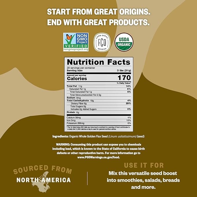 3 Organic Whole Golden Flax Seeds | Sproutable | Grown in USA | 16 oz Resealable Bag (1lb) | by FGO