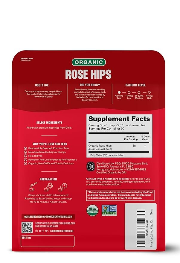 1 FGO Organic Rosehips Loose Tea, Resealable Kraft Bag, 16oz, Packaging May Vary (Pack of 1)