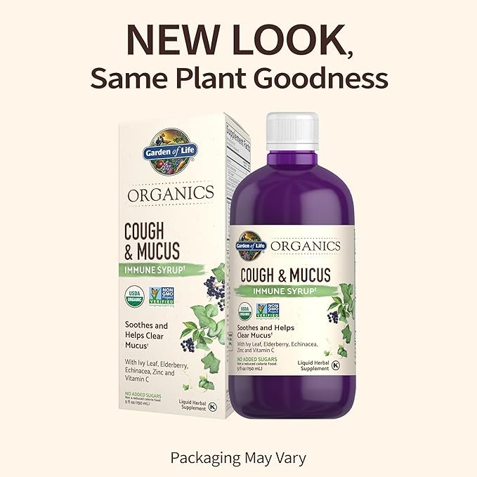 1 Garden of Life Organics Elderberry Zinc Immune Support for Adults and Kids 12 and Older, Organic Cough & Mucus Immune Syrup with Ivy Leaf, Vitamin C and Echinacea, No Added Sugars, 5 Fl oz