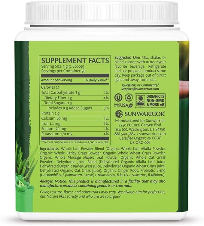 6 Sunwarrior Vegan Organic Greens Probiotic Powder | 2 Billion CFU Probiotics Organic Raw Juice Soy Free Gluten Free Dairy Free Sugar Free Kosher | Natural 90 Servings | Ormus Supergreens