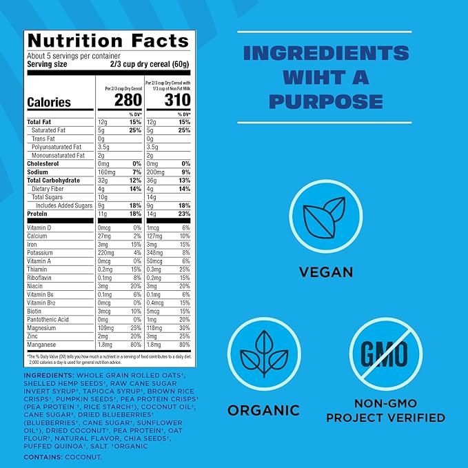 1 Manitoba Harvest Hemp Yeah! Granola, Blueberry, 10oz, with 10 g of Protein, 3.6 g Omegas, 3 g of Fiber and less than 10 g Sugar Per Serving, Organic, Non-GMO, Packaging May Vary