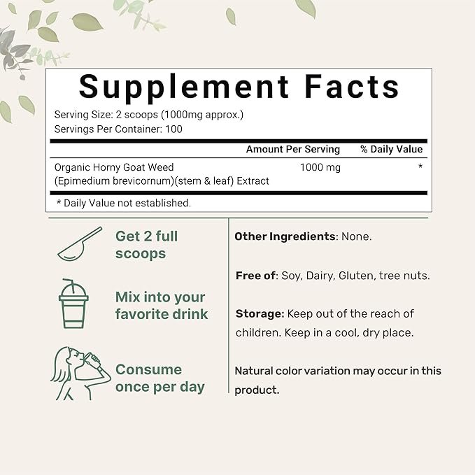 1 Maximum Strength Organic Pure Horny Goat Weed with Active Icariins for Men and Women, 100 Grams, Organic Epimedium Powder for Energy and Immune System Booster, Filler Free and Vegan Friendly