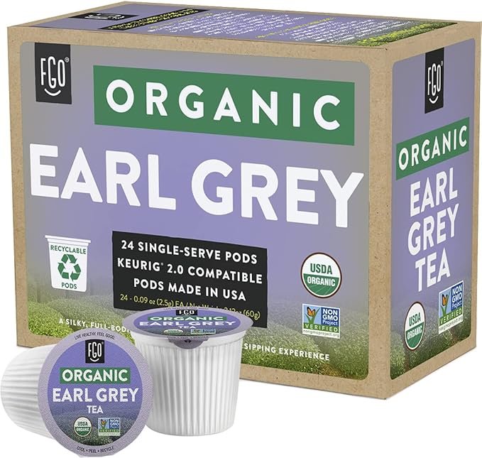 4 Organic Earl Grey Tea K-Cup Pods, 24 Pods by FGO - Keurig Compatible - Naturally Occurring Caffeine, Premium Earl Grey Black Tea is USDA Organic, Non-GMO, & Recyclable