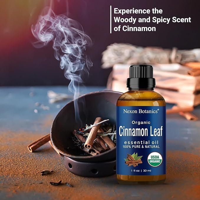 5 Organic Cinnamon Essential Oil 30 ml - Cinnamon Oil for Diffuser, Aromatherapy - Cinnamon Leaf Oils Essential Oil for Sinus Ease, Seasonal Congestion, Cold and Cough Symptoms - Nexon Botanics