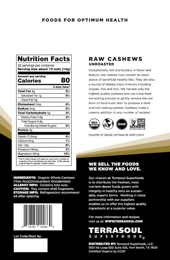 1 Terrasoul Superfoods Organic Raw Cashews, 16 Oz, Premium Quality for Snacking, Baking, and Culinary Creations