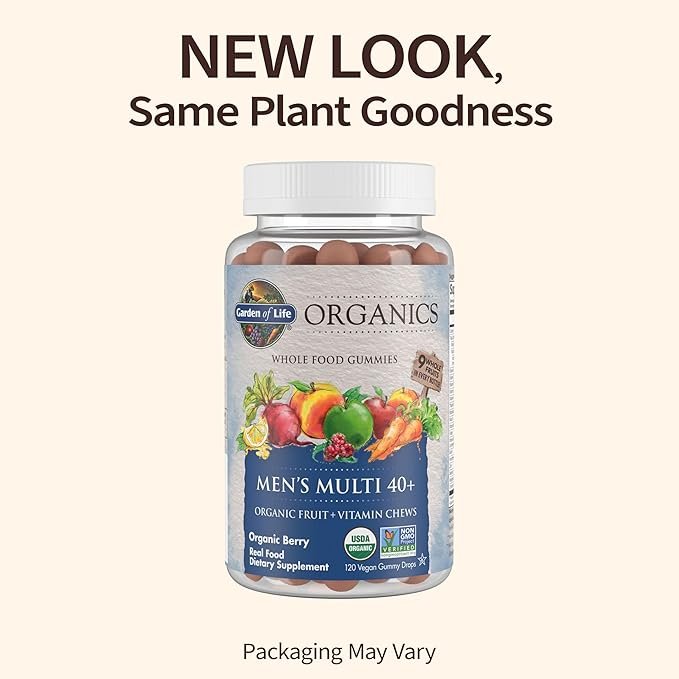 1 Garden of Life Organics Men 40+ Gummy Vitamins - Berry - Certified Organic, Non-GMO, Vegan, Kosher Complete Multi - Methyl B12, C & D3 - Gluten, Soy & Dairy Free, 120 Real Fruit Gummies