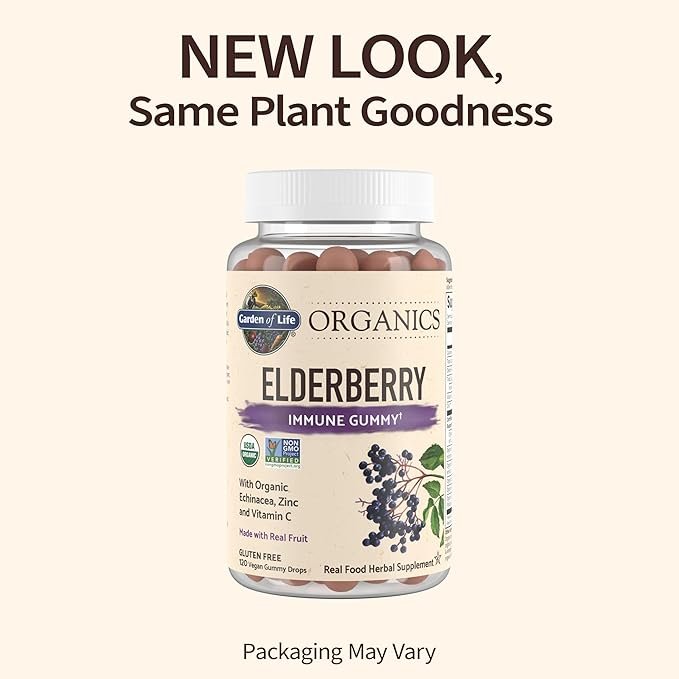 1 Garden of Life Organics Elderberry Gummies for Adults & Kids - Immune Support Supplement with Organic Fruit, Herbal Blend, Elderberry, Echinacea, Zinc, Vitamin C, 120 Vegan Gluten Free Gummies