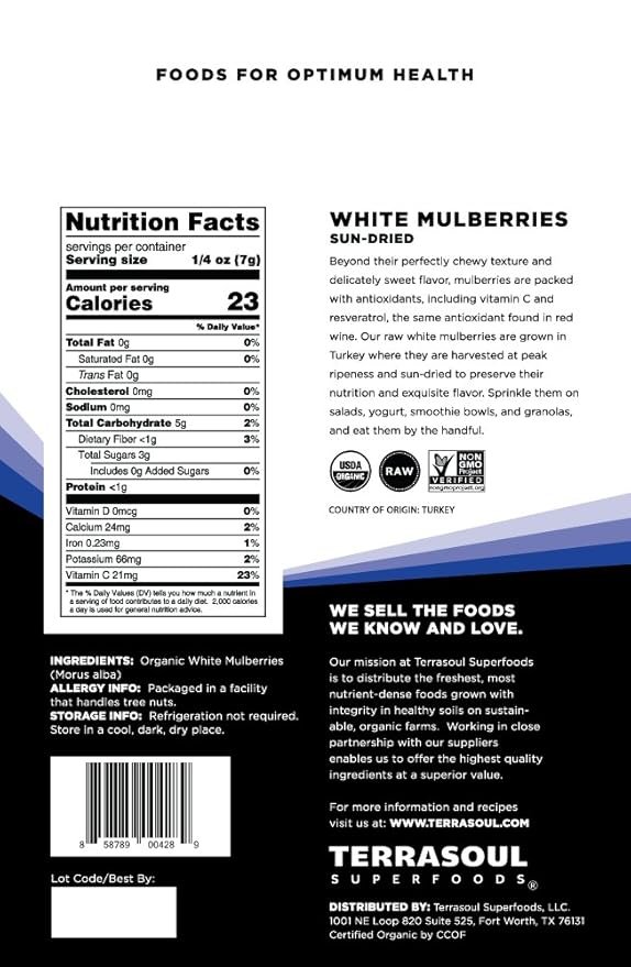 1 Terrasoul Superfoods Organic Sun-dried White Mulberries, 2 Lbs (Pack of 2), Sweet Superfood Snacking, Smoothie Booster, and Nutrient-Packed Yogurt Topping