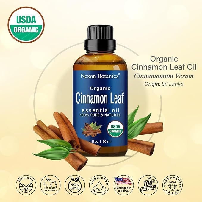 1 Organic Cinnamon Essential Oil 30 ml - Cinnamon Oil for Diffuser, Aromatherapy - Cinnamon Leaf Oils Essential Oil for Sinus Ease, Seasonal Congestion, Cold and Cough Symptoms - Nexon Botanics