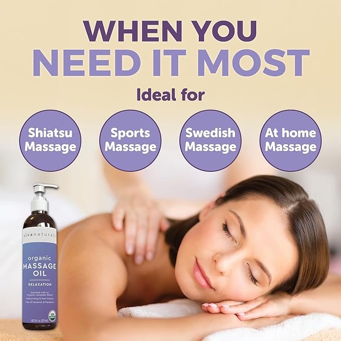 1 Viva Naturals Organic Massage Oil (8 fl. oz.) - Lavender Scented Relaxing Body Massage Oil for Massage Therapy - Perfect for Home Use & Professional Massages - Non-Greasy and Non-Sticky Formula