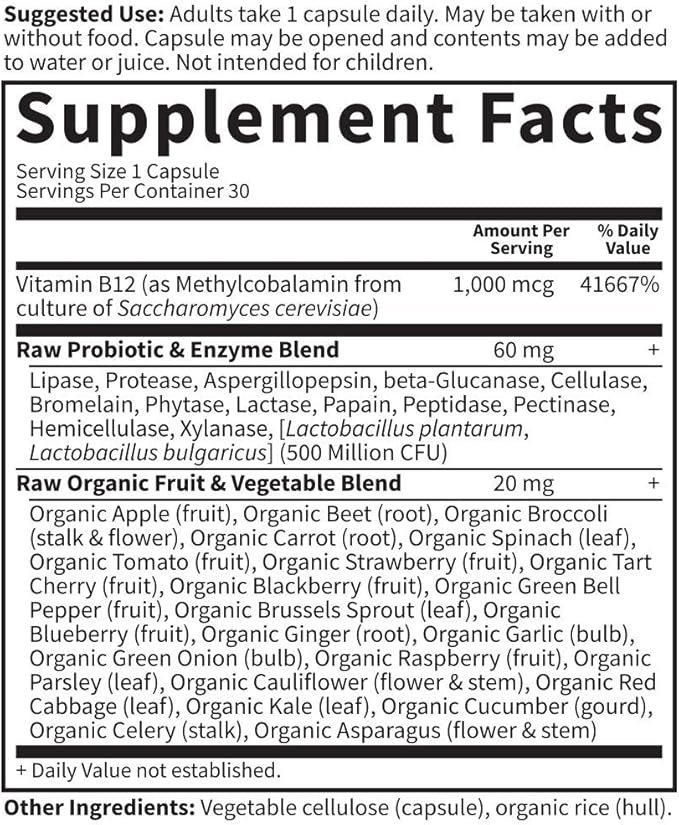 4 Garden of Life B12 - Vitamin Code Raw - 30 Capsules, 1,000mcg Whole Food Methylcobalamin for Energy, Vegan B12 Vitamin plus Probiotics & Enzymes, Gluten Free Supplements