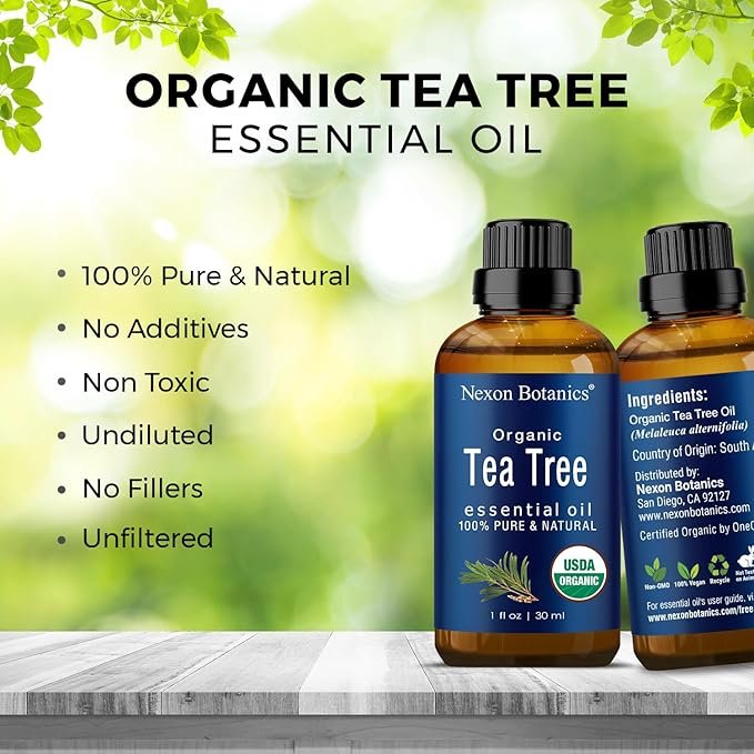 2 Organic Tea Tree Oil 30 ml - 100% Natural, Pure Essential Oil for Hair, Face, Skin Use, Scalp, Acne - Essential Oils for Aromatherapy, Diffuser, Humidifier - Nexon Botanics
