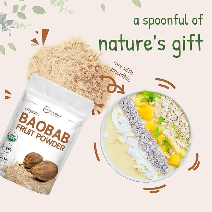 5 Organic Baobab Powder, 12 Ounce, Rich in Immune Vitamin C, Natural Antioxidant, Flavonoids and Fatty Acid, Enhance Energy and Immune System, South Africa Origin, Non-GMO and Vegan Friendly