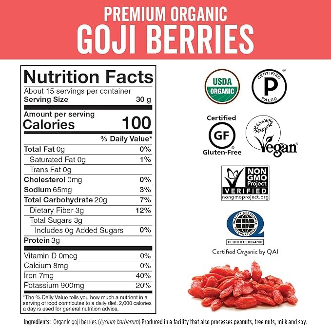 5 Viva Naturals Organic Dried Goji Berries, 16 oz (1 lb) Non-GMO and Vegan Wolfberries, Perfect for Baking, Smoothies, Teas and Snacks, Goji Berries Organic