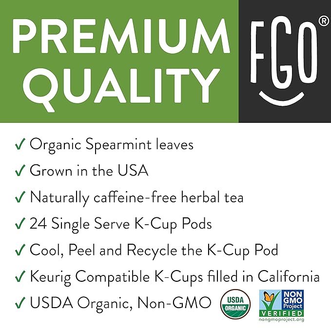 1 Organic Spearmint Tea K-Cup Pods, 24 Pods by FGO - Keurig Compatible - Naturally Caffeine-Free Herbal Tea, Premium Spearmint Tea is USDA Organic, Non-GMO, & Recyclable